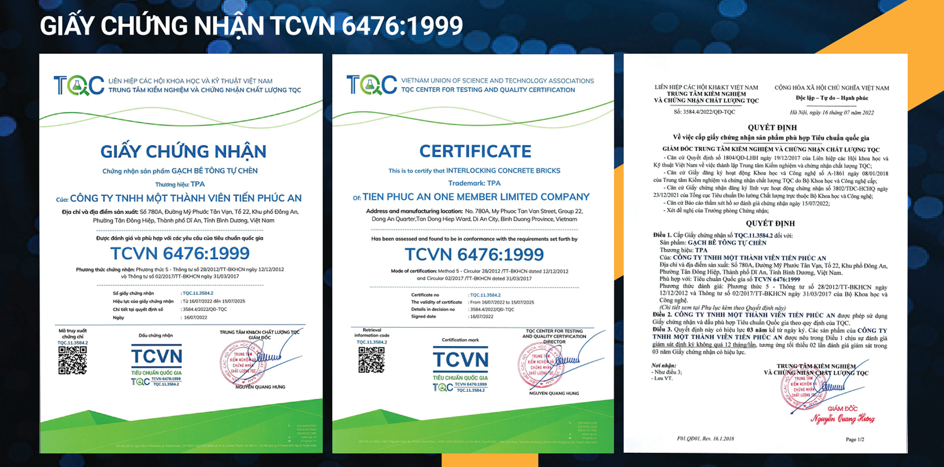 Giấy chứng nhận TCVN 6476:1999 - Gạch Tiến Phúc An - Công Ty TNHH Một Thành Viên Tiến Phúc An